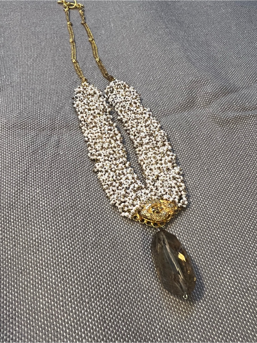 White Beaded Statement Necklace with Latge Smoky Topaz pendant